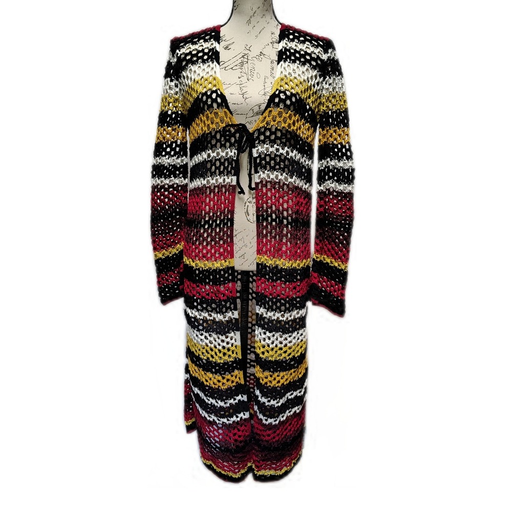 Womens Striped Crochet Knit Tie Front Duster Long Cardigan S Layering Whimsygoth